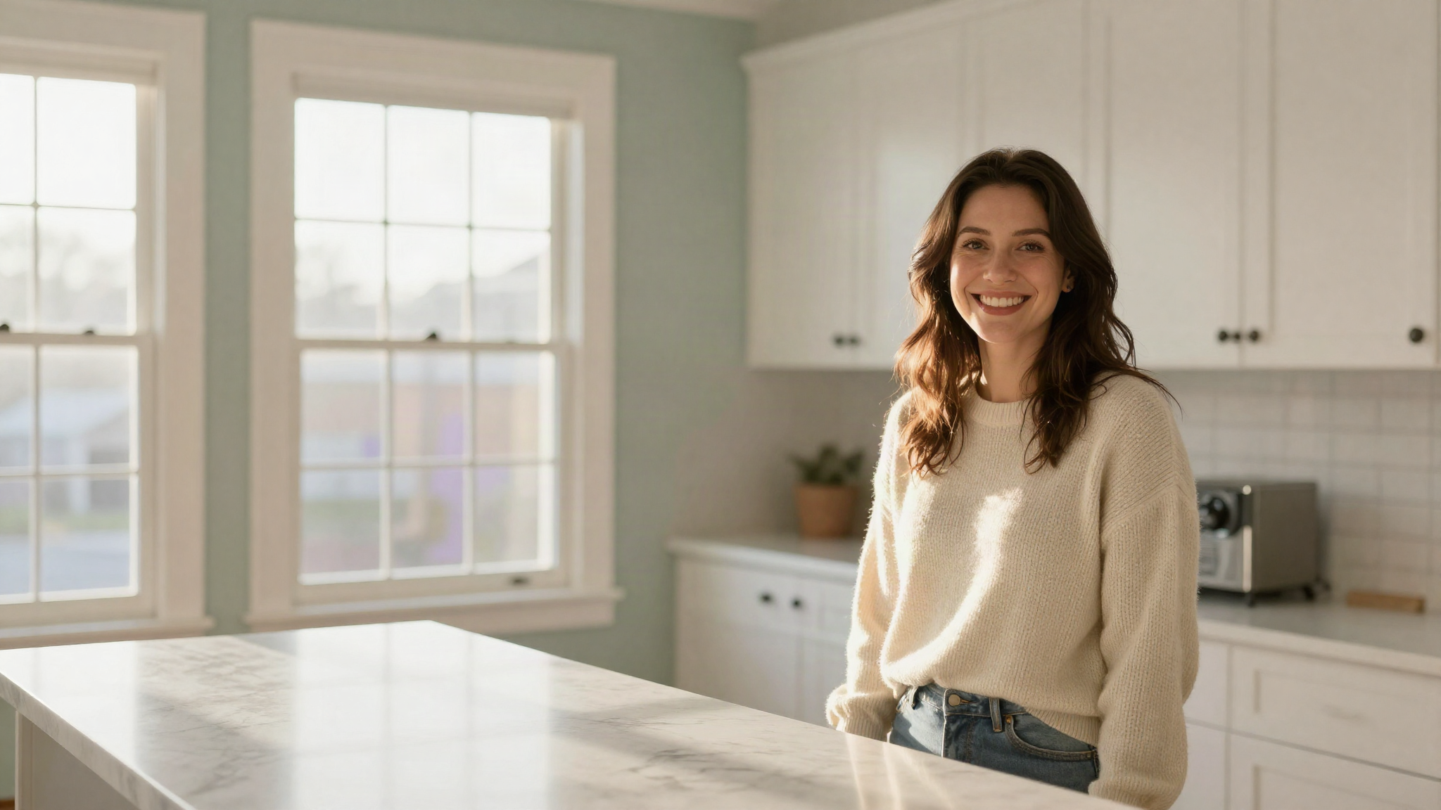 A happy Wexford Cleaning client smiling in her bright, freshly cleaned kitchen