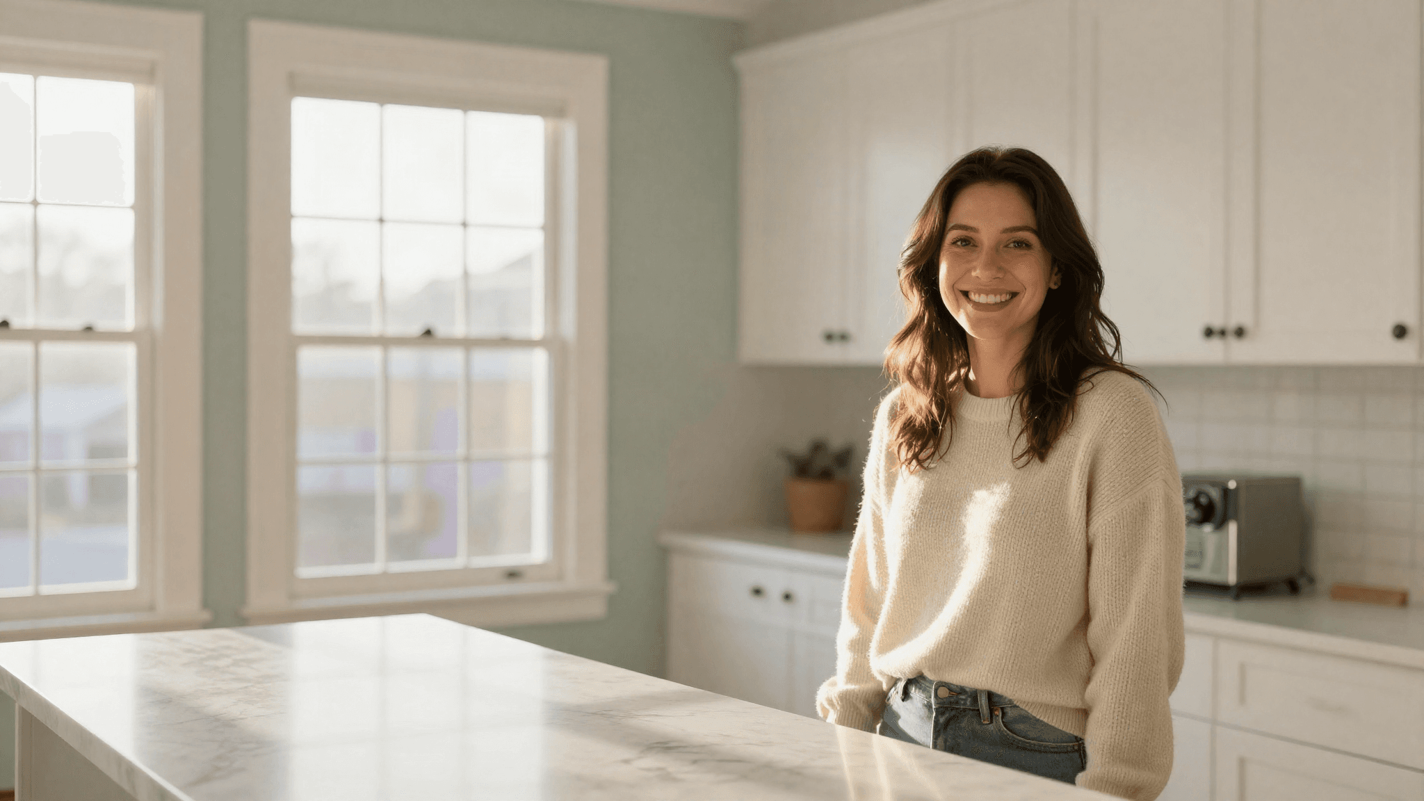 A happy Wexford Cleaning client smiling in her bright, freshly cleaned kitchen