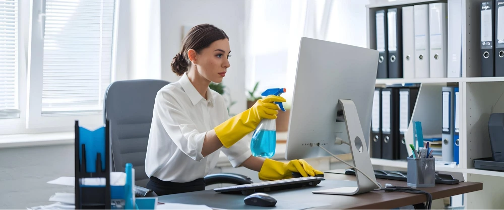 A client uses a laptop to book cleaning service online from home.